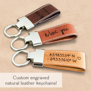 A trio of personalized leather loop keychains featuring engraved coordinates and heartfelt messages “I love you” and custom initials, shown on a natural stone background. These durable leather fobs with stitched edges and silver key rings make thoughtful location-based gifts, GPS memory keepsakes, or sentimental anniversary souvenirs. Handmade from premium full-grain cowhide in a Boston studio—ideal for couples, graduates, or travelers looking to carry a meaningful little piece of memory with their keys.