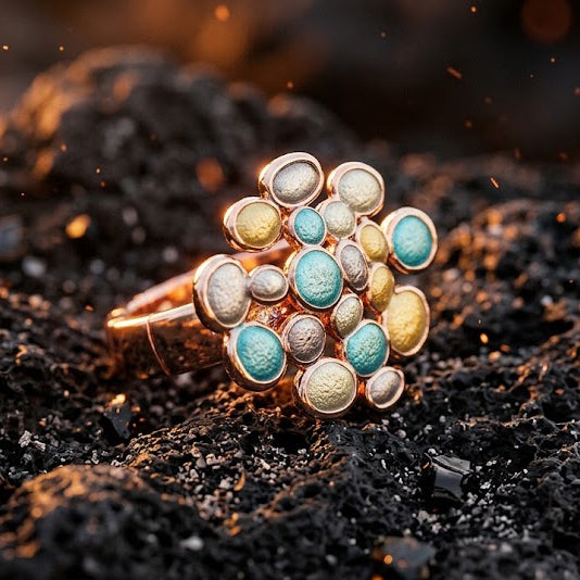 Sea Glass Glow Bubble Cluster adjustable cocktail ring displayed on dark textured stone
