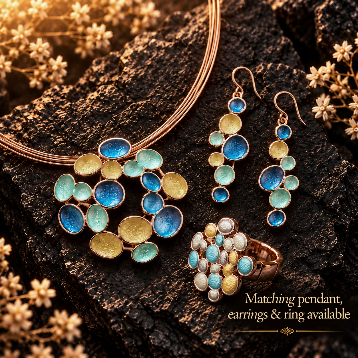 Matching Bubble Cluster necklace earrings and adjustable ring with aqua blue gold and pearl round accents on dark stone

