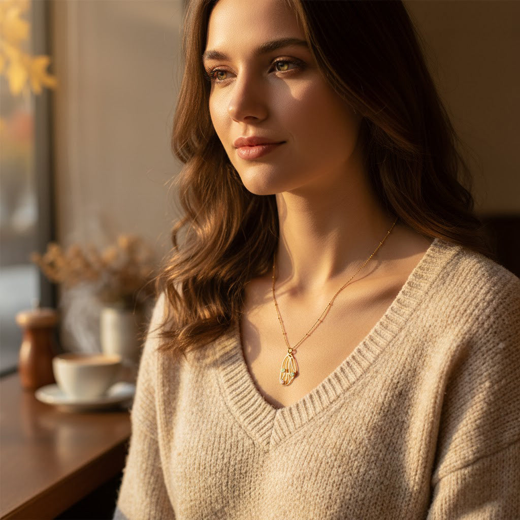 Cozy lifestyle shot of woman in sweater wearing butterfly wing birthstone necklace, personalized dainty jewelry gift idea for sister, friend, or girlfriend