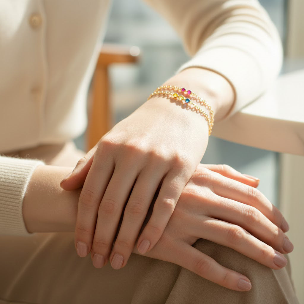 Woman wearing tiny cabochon birthstone bar bracelet on wrist, styled with cozy neutral outfit, showing how the delicate chain and small stones add a subtle pop of color, perfect everyday minimalist jewelry and sentimental gift for loved ones.