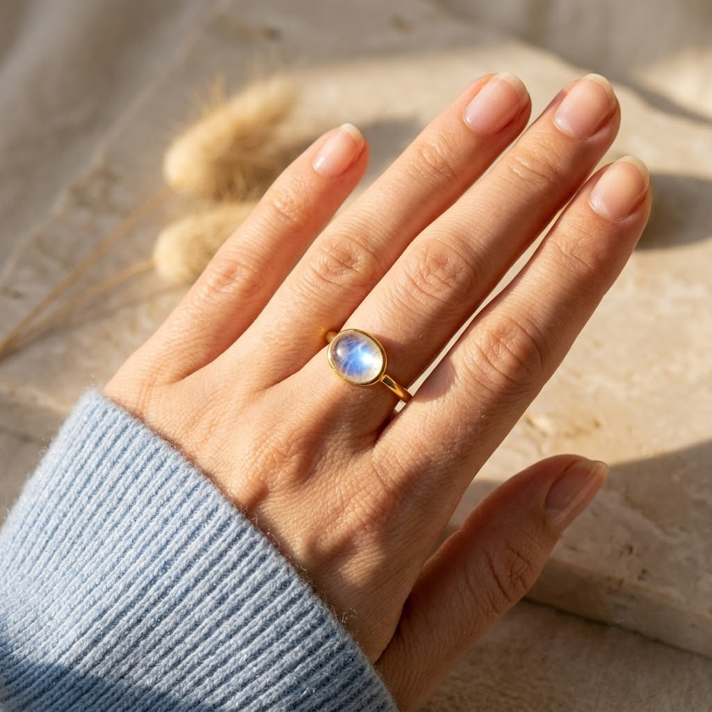 Close up of a natural rainbow moonstone cabochon ring showing soft blue flash in a polished gold bezel.