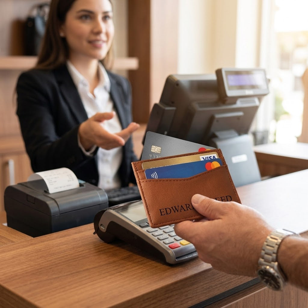Person holding a brown engraved card holder at a checkout counter, showing everyday use as a custom slim wallet.