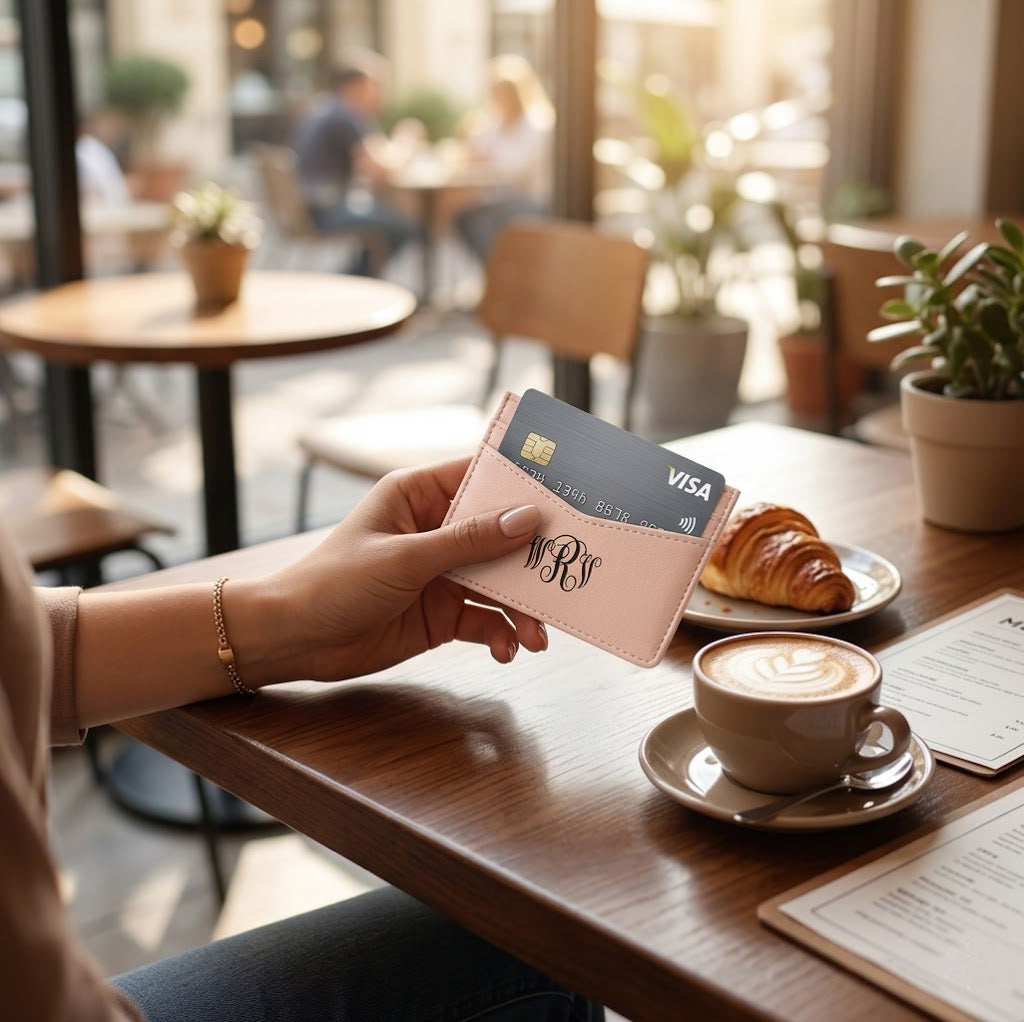Hand holding an engraved card holder near a cafe table, styled as a personalized everyday wallet or business card case.