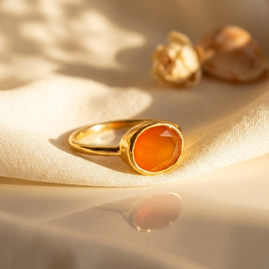 Oval Carnelian Ring, Bezel Set Birthstone Ring in Sterling Silver, Gold or Rose Gold