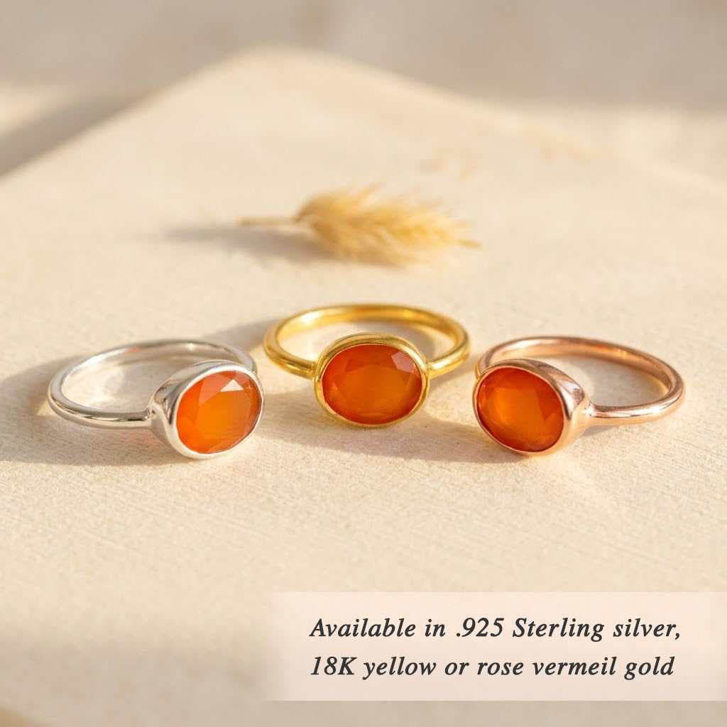 Oval Carnelian Ring, Bezel Set Birthstone Ring in Sterling Silver, Gold or Rose Gold