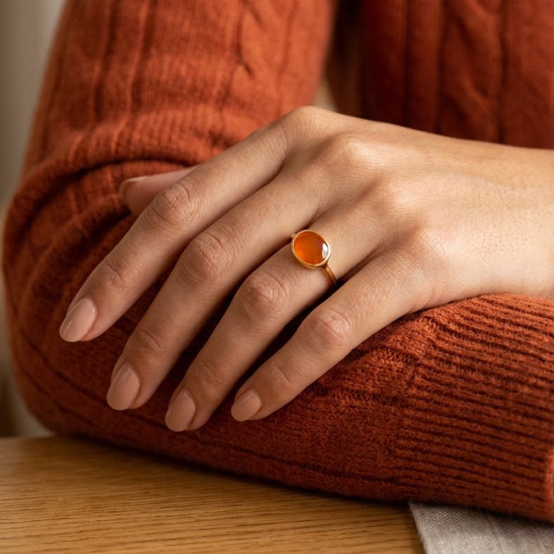 Oval Carnelian Ring, Bezel Set Birthstone Ring in Sterling Silver, Gold or Rose Gold