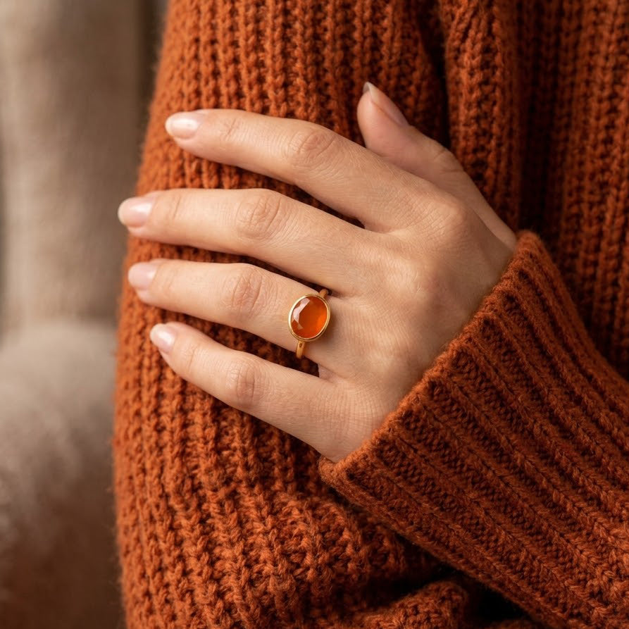 Oval Carnelian Ring, Bezel Set Birthstone Ring in Sterling Silver, Gold or Rose Gold