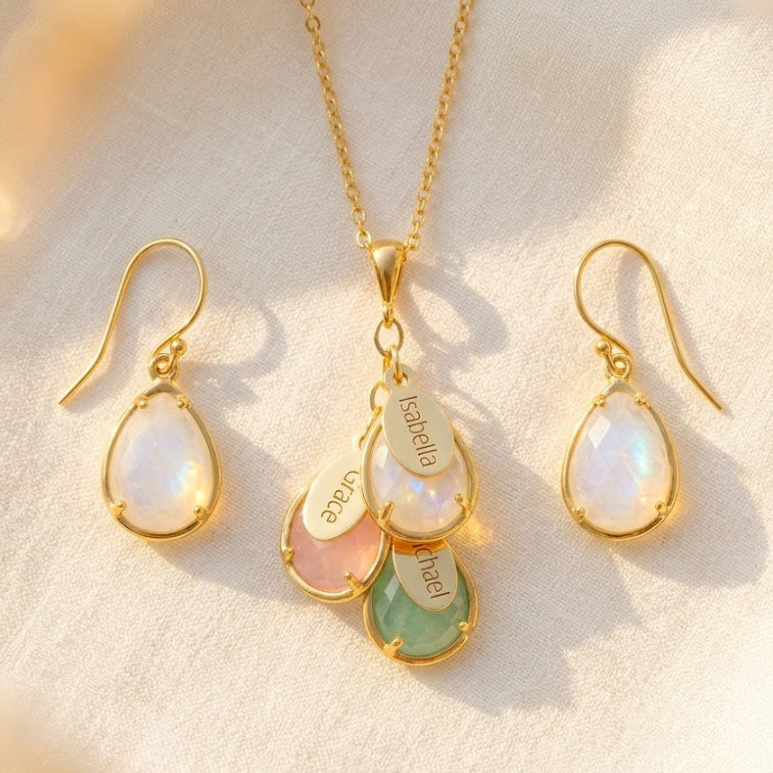 personalized birthstone necklace and earrings set for mom with teardrop gemstones and engraved name charms family jewelry
