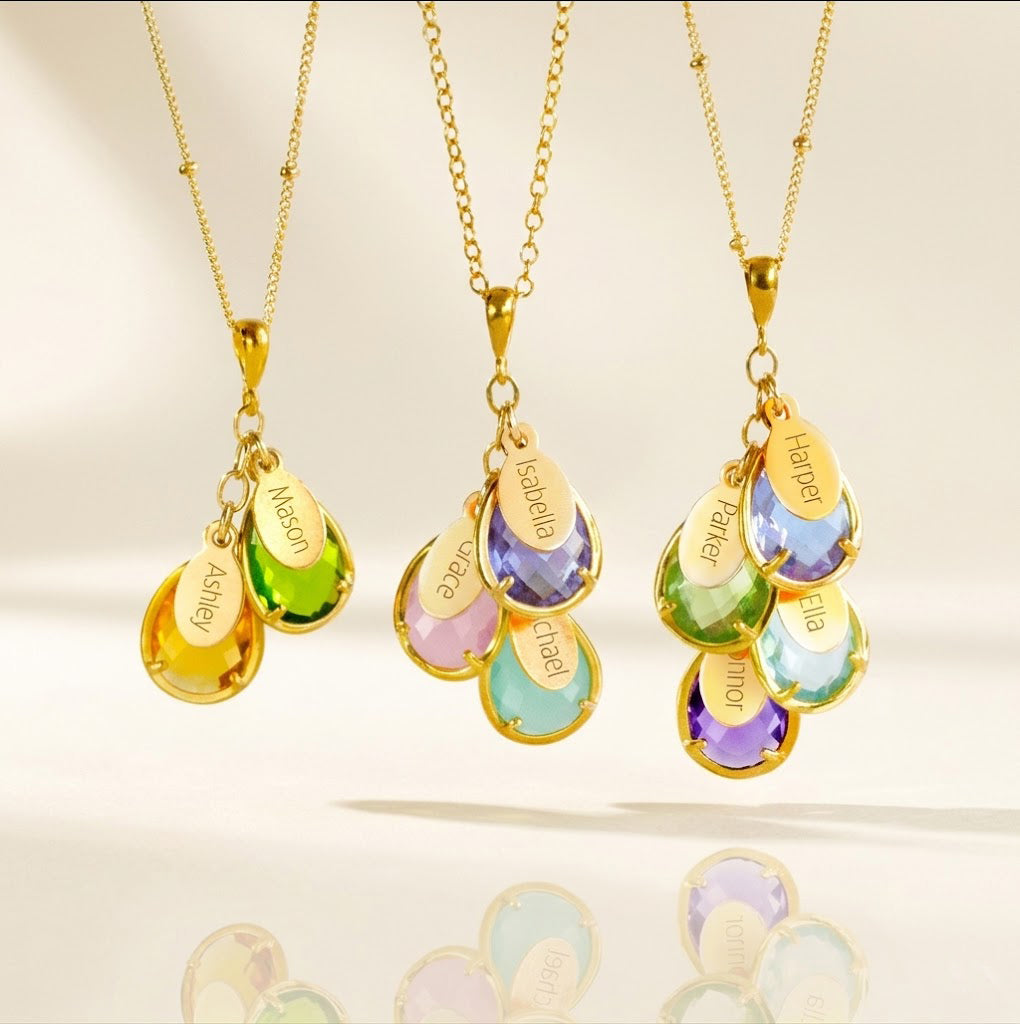 custom family birthstone necklace with name charms and earrings set meaningful gift for mother or grandma