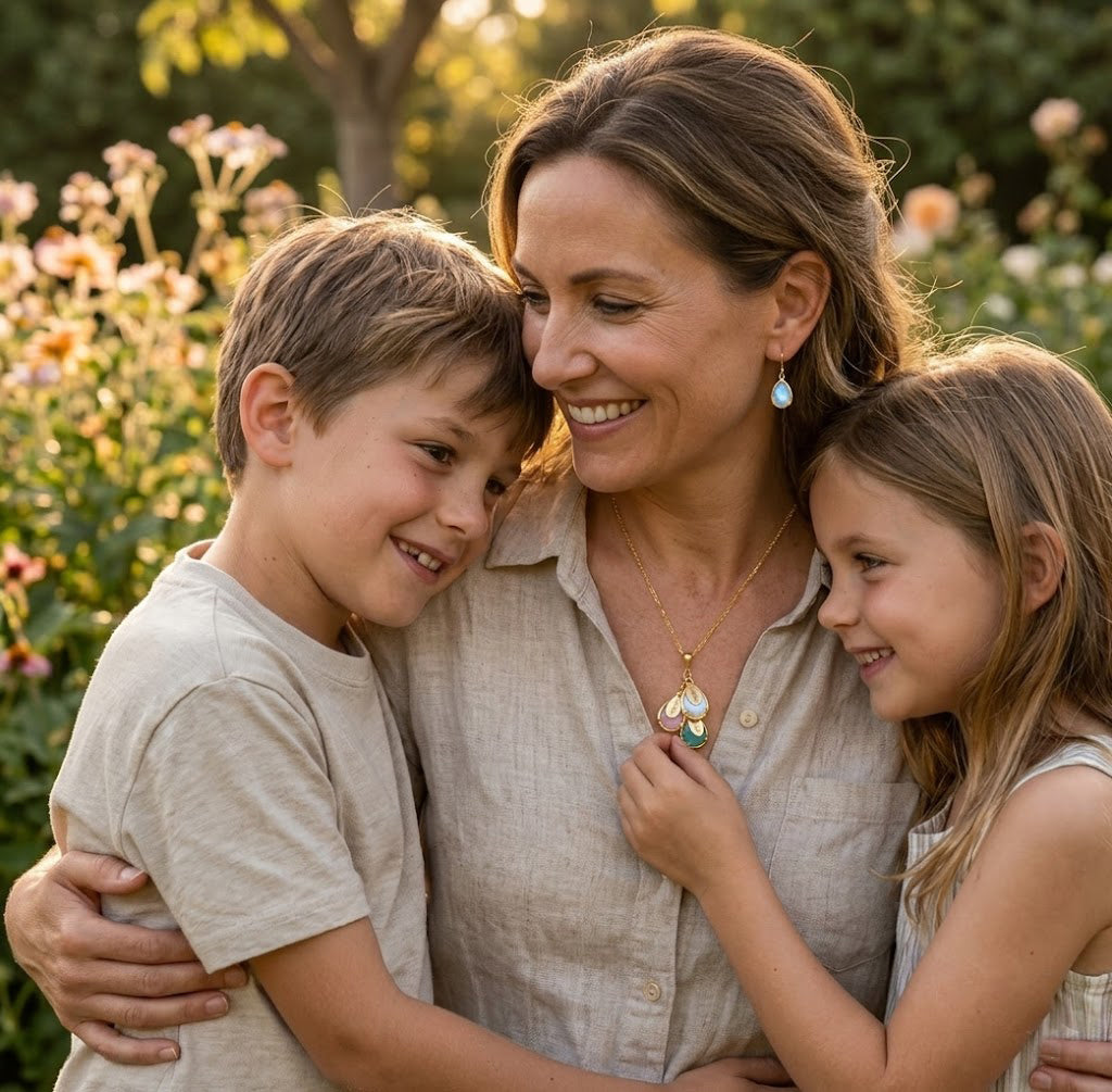 mother wearing personalized birthstone necklace and earrings set family jewelry gift with children stones