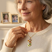 Moment captured of a mother and child with a personalized name and birthstone necklace—perfect as new mom or grandma jewelry. A sentimental family keepsake, ideal for mother-in-law, grandparent, or new grandma gifts.