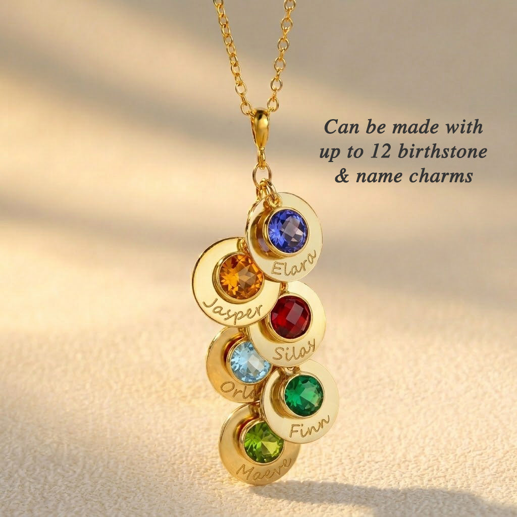 Vertical cascade birthstone necklace with up to 12 birthstones and name charms personalized jewelry