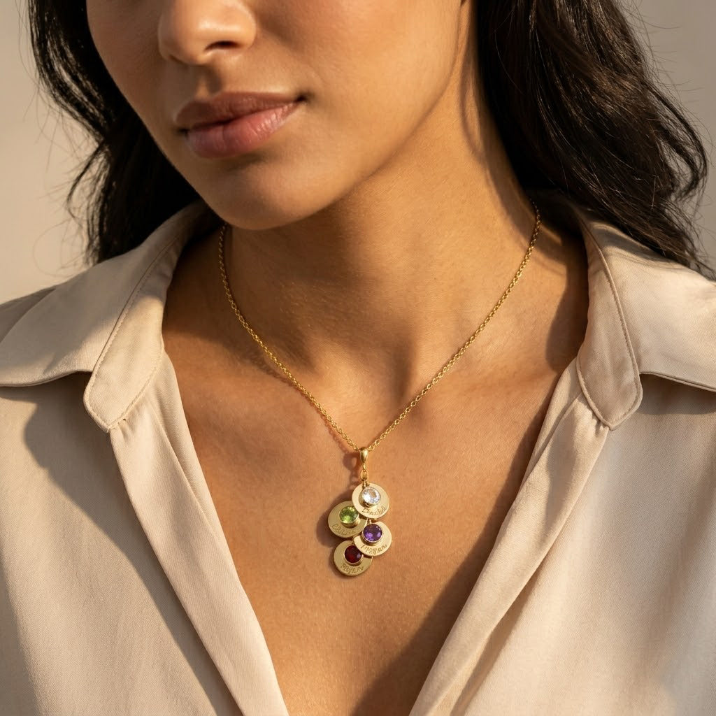 Model presenting a personalized family necklace featuring multiple engraved discs and birthstones—symbolic of children or grandchildren. A cherished gift idea for moms, grandmothers, or mothers-in-law to celebrate growing families.