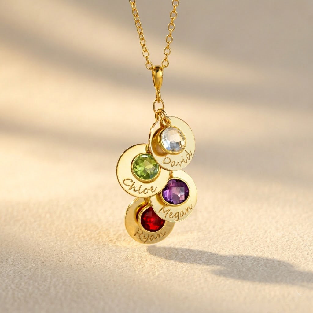 Personalized necklace for mom or grandma featuring three engraved name discs with birthstone charms in 18K gold vermeil, perfect for new moms, mothers-in-law, or grandmothers showcasing kids’ or grandkids’ names in a meaningful keepsake jewelry gift.
