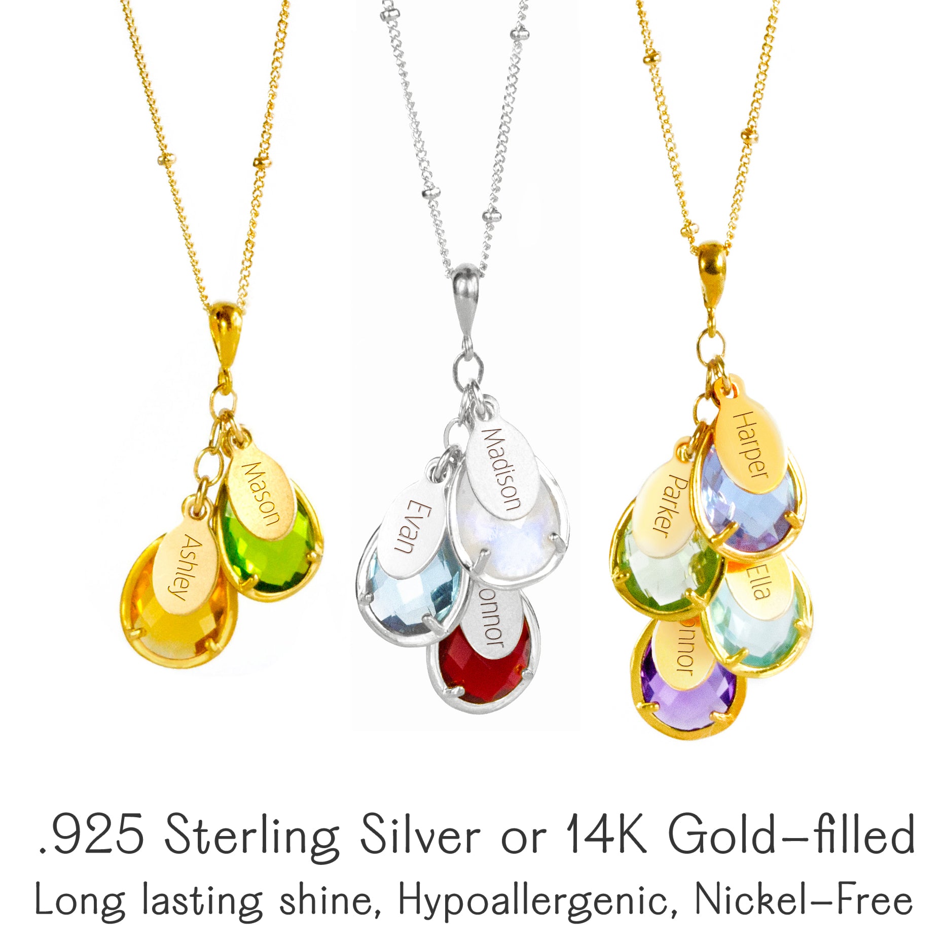Three personalized birthstone necklaces with teardrop crystal charms and engraved oval name tags shown in gold and sterling silver finishes. Family necklace can be customized with children’s names and months, featuring satellite or cable chains in .925 sterling silver or 14k gold-filled, hypoallergenic and nickel-free. A meaningful mom gift for birthdays, Mother’s Day, or Christmas, designed for everyday wear and layering with multiple stones to represent loved ones.
