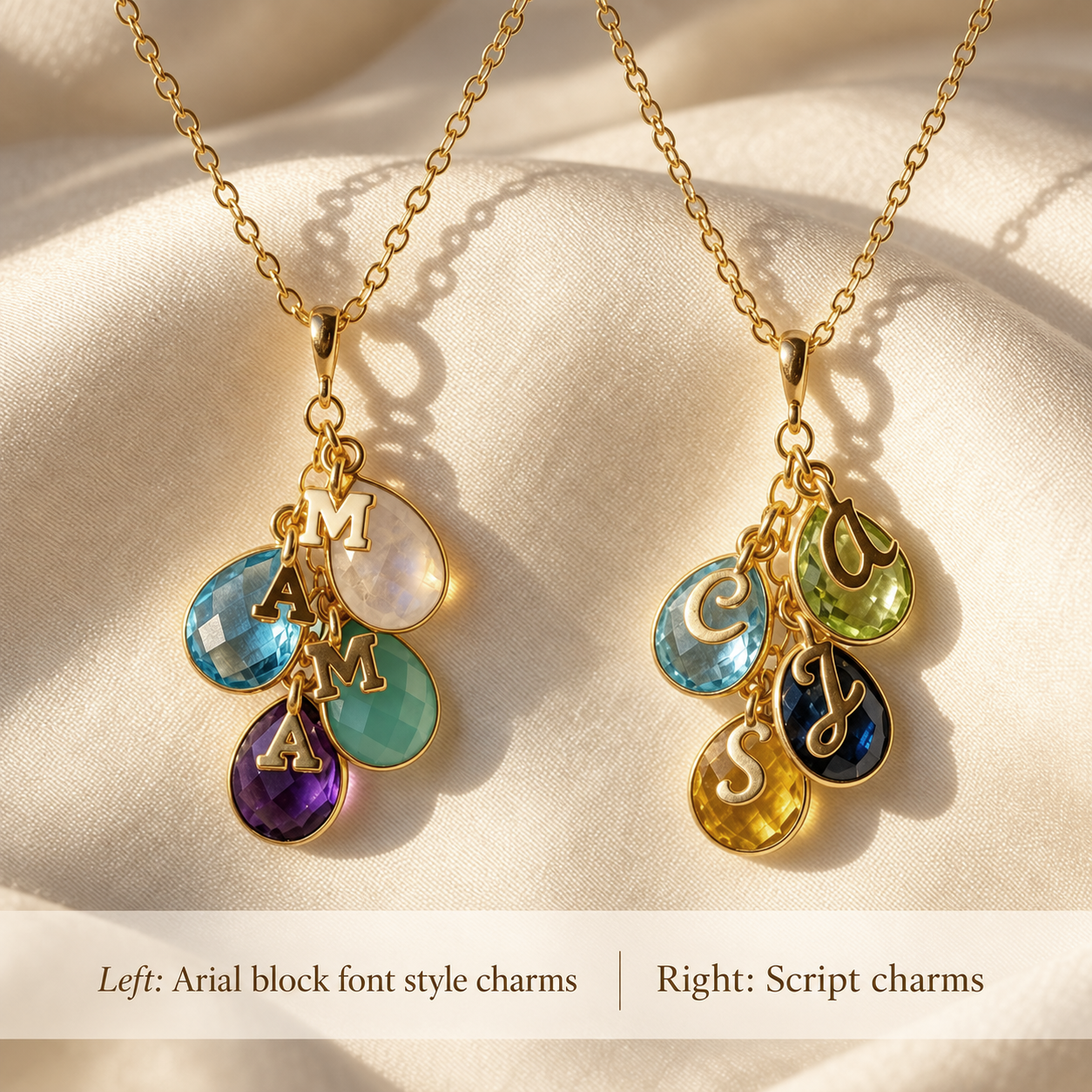 Family birthstone necklaces showing left and right script letter charm placement
