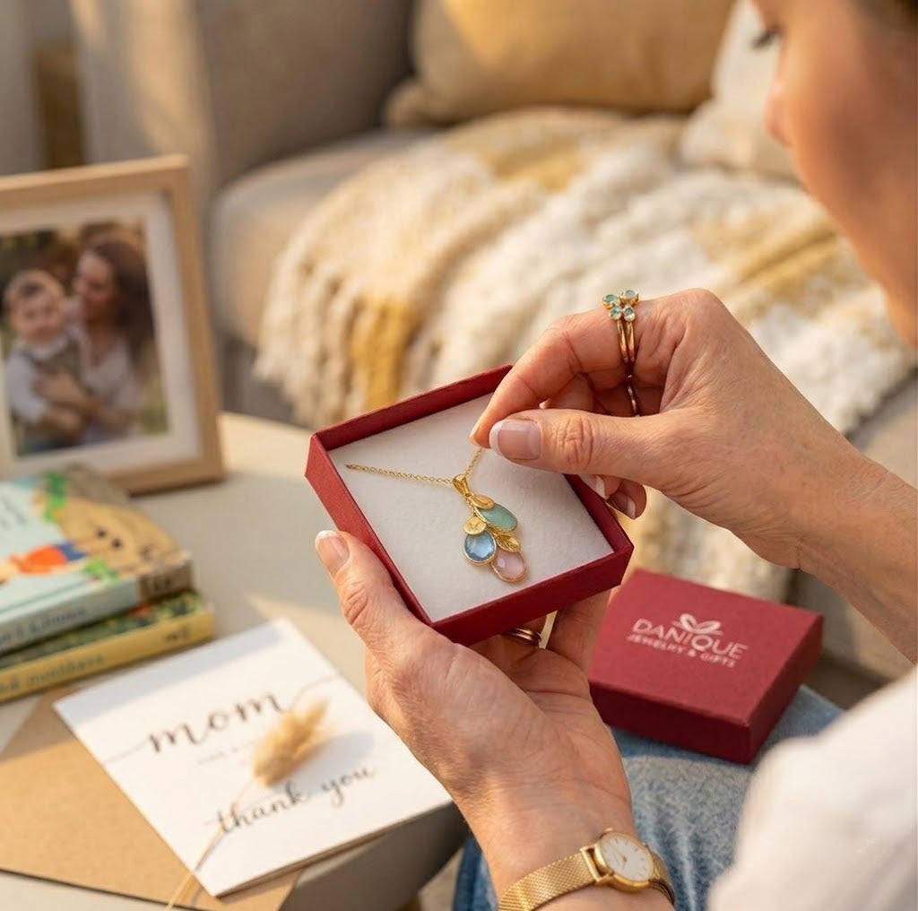 Gift-ready personalized birthstone necklace in Danique Jewelry box, a custom mom or grandma necklace for birthdays, Mother’s Day, or Christmas.