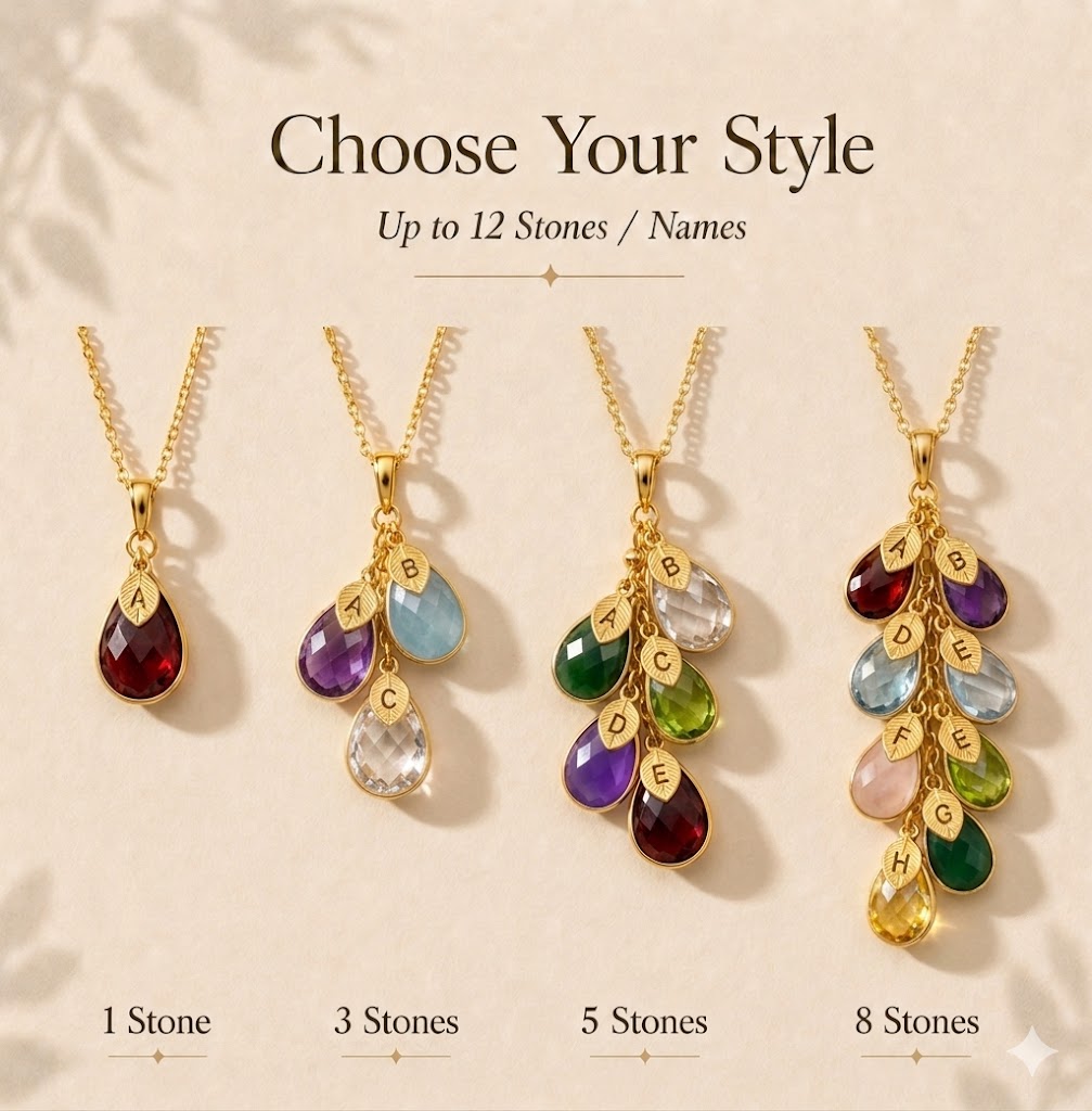 Choose your style chart for personalized family birthstone necklace, showing one, three, five, and eight stone cascade necklace options.