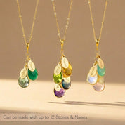 Custom birthstone mom necklace with three pendant clusters in 925 sterling silver and 14k yellow gold filled, each featuring faceted teardrop birthstones paired with engraved name charms for children or grandchildren. Personalized family necklace that can be customized with multiple names and birth months, a meaningful Mother’s Day, birthday, or Christmas gift for mom, new mom, or grandma.