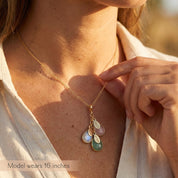 A person in a beige shirt wears a cascading necklace with birthstones and name tags visible. The necklace features the October birthstone, the July birthstone and the April birthstone. 