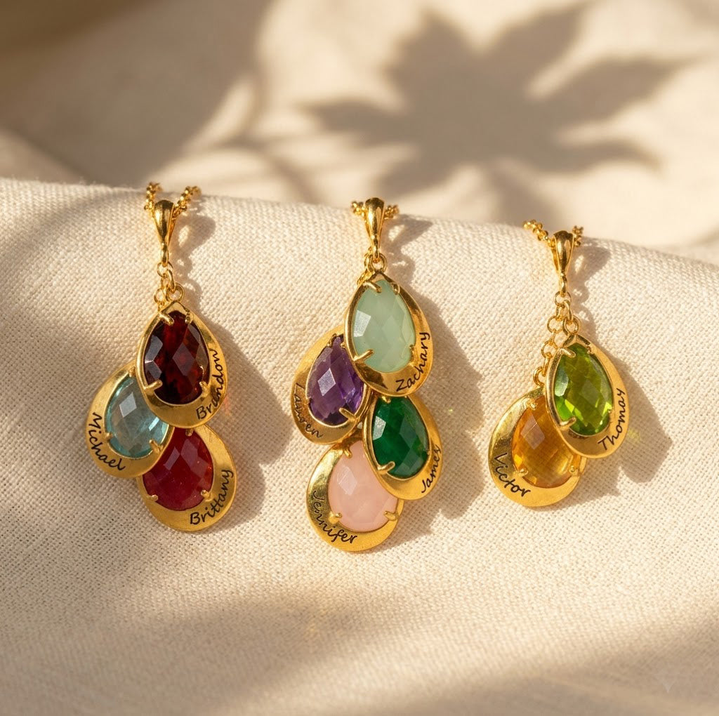 Mother's Necklace with Kids Birthstones, Names and Birthdays
