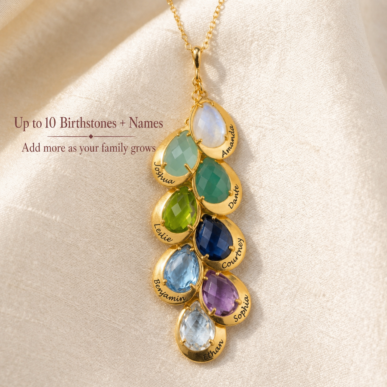 Mother's Necklace with Kids Birthstones, Names and Birthdays