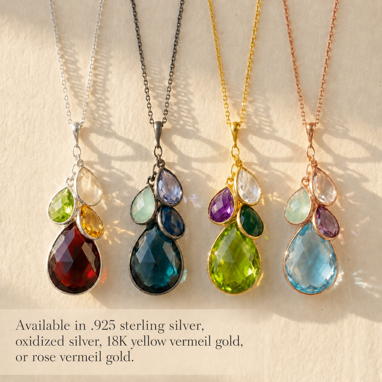 Metal finish options for natural birthstone necklace in sterling silver, gold, rose gold, and oxidized silver with colorful teardrop gemstones.