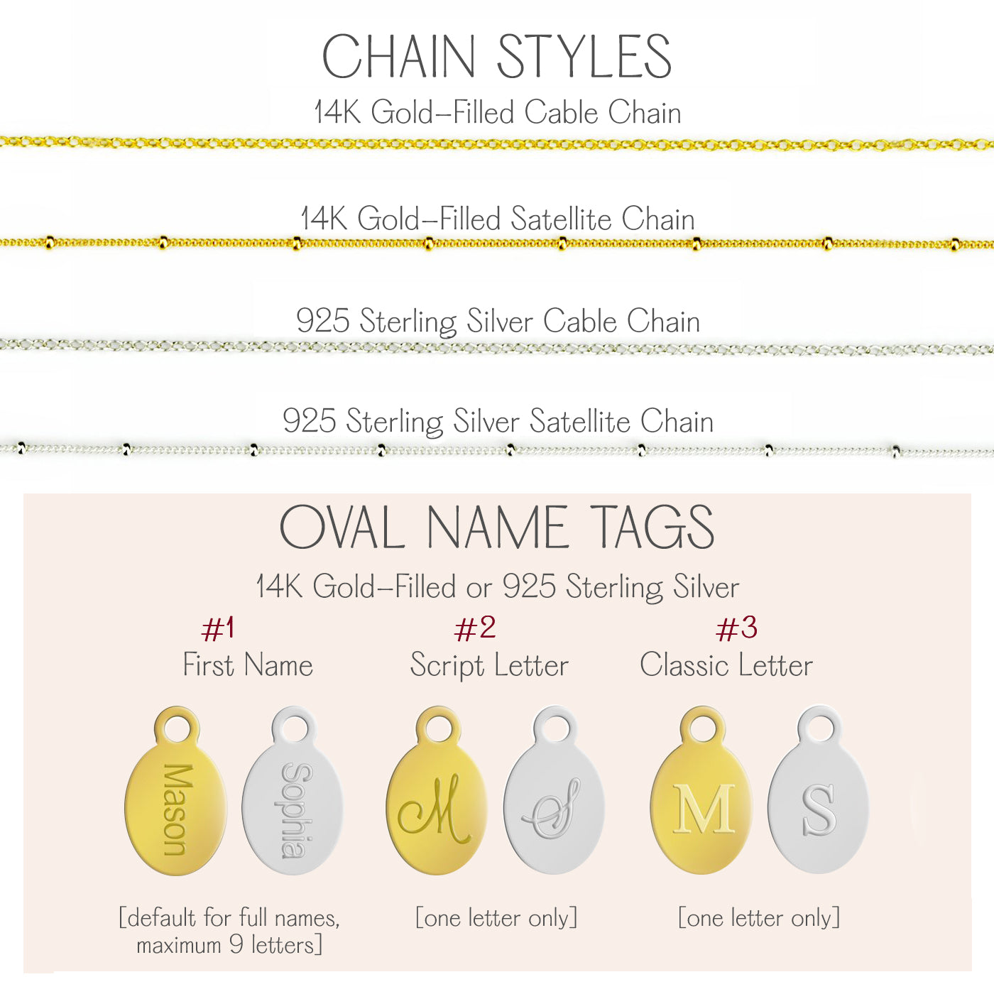 Chain style example with gold filled and sterling silver cable and satellite chains. Oval name tags with full name in script or classic initial