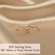Rose-gold tone minimalist citrine ring on satin, 925 sterling base with 18K vermeil, petite bezel stone for stacking sets.