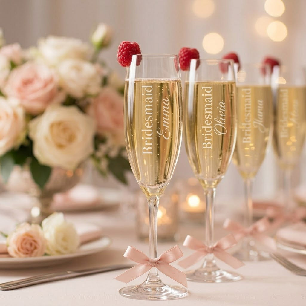 Personalized champagne flutes arranged on a romantic wedding table with roses, soft lights, gold bows, raspberries, and engraved glass detail.