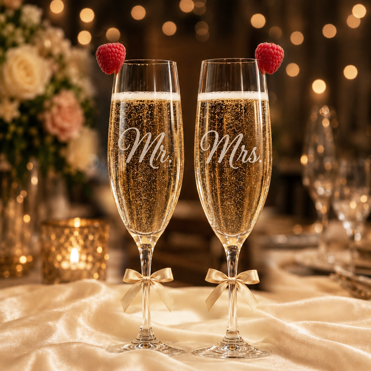 Personalized Mr and Mrs champagne flutes with frosted engraving, raspberries, gold bows, ivory satin fabric, and warm wedding lights.