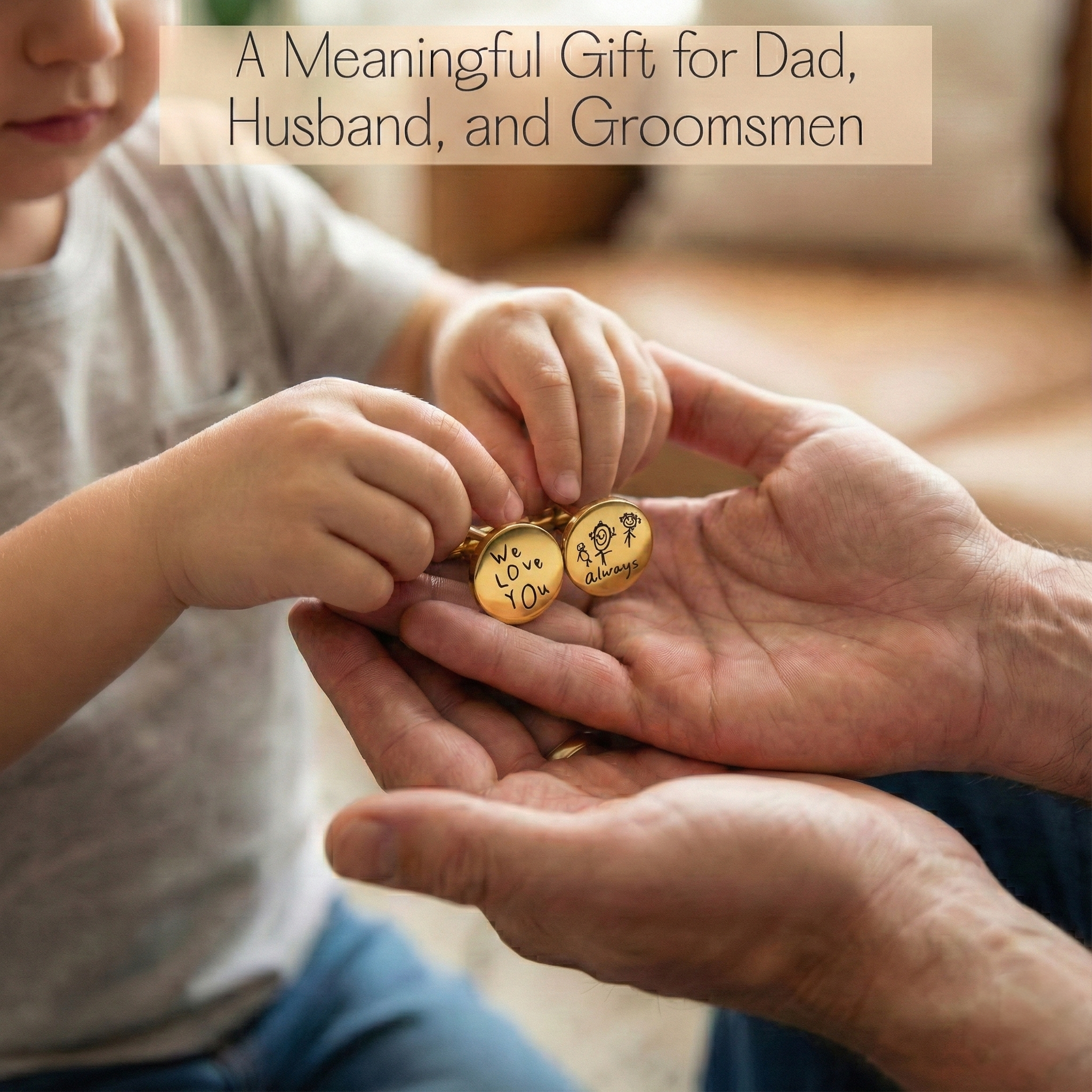 Child's hand holding a gold ring with 'We Love You Always' engraving, placed on an adult's palm. Custom engraved cufflinks in polished stainless steel featuring precise laser engraving of initials, coordinates, or short messages, thoughtfully designed as a meaningful wedding accessory and long-lasting gift for groomsmen or husbands.