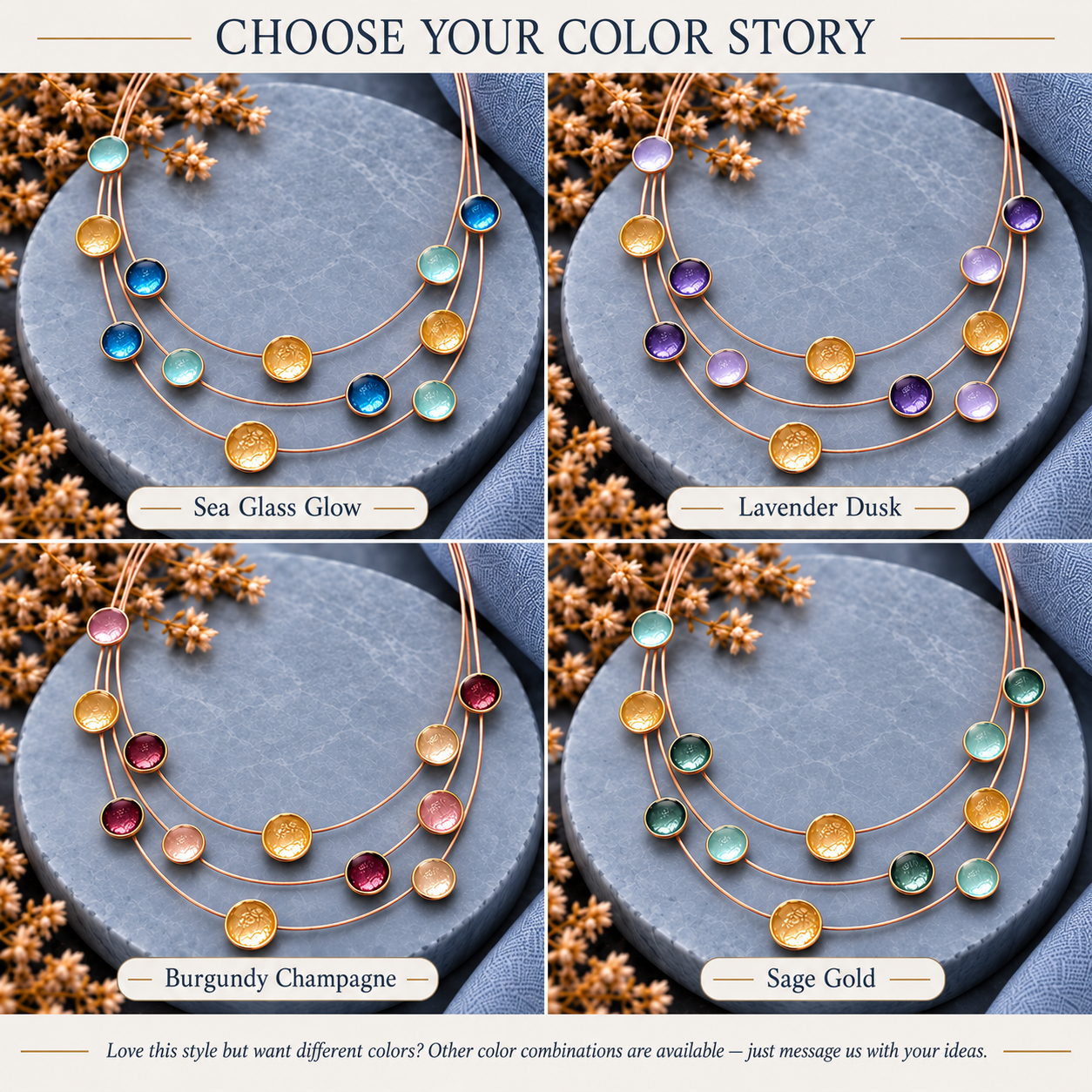 Floating circles necklace color options in Sea Glass Glow Lavender Dusk Burgundy Champagne and Sage Gold