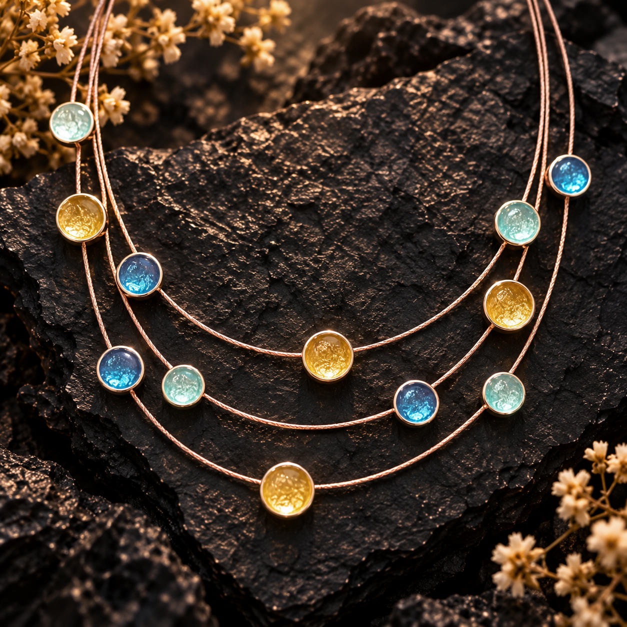 Layered floating circles statement necklace with blue aqua and gold accents on dark stone

