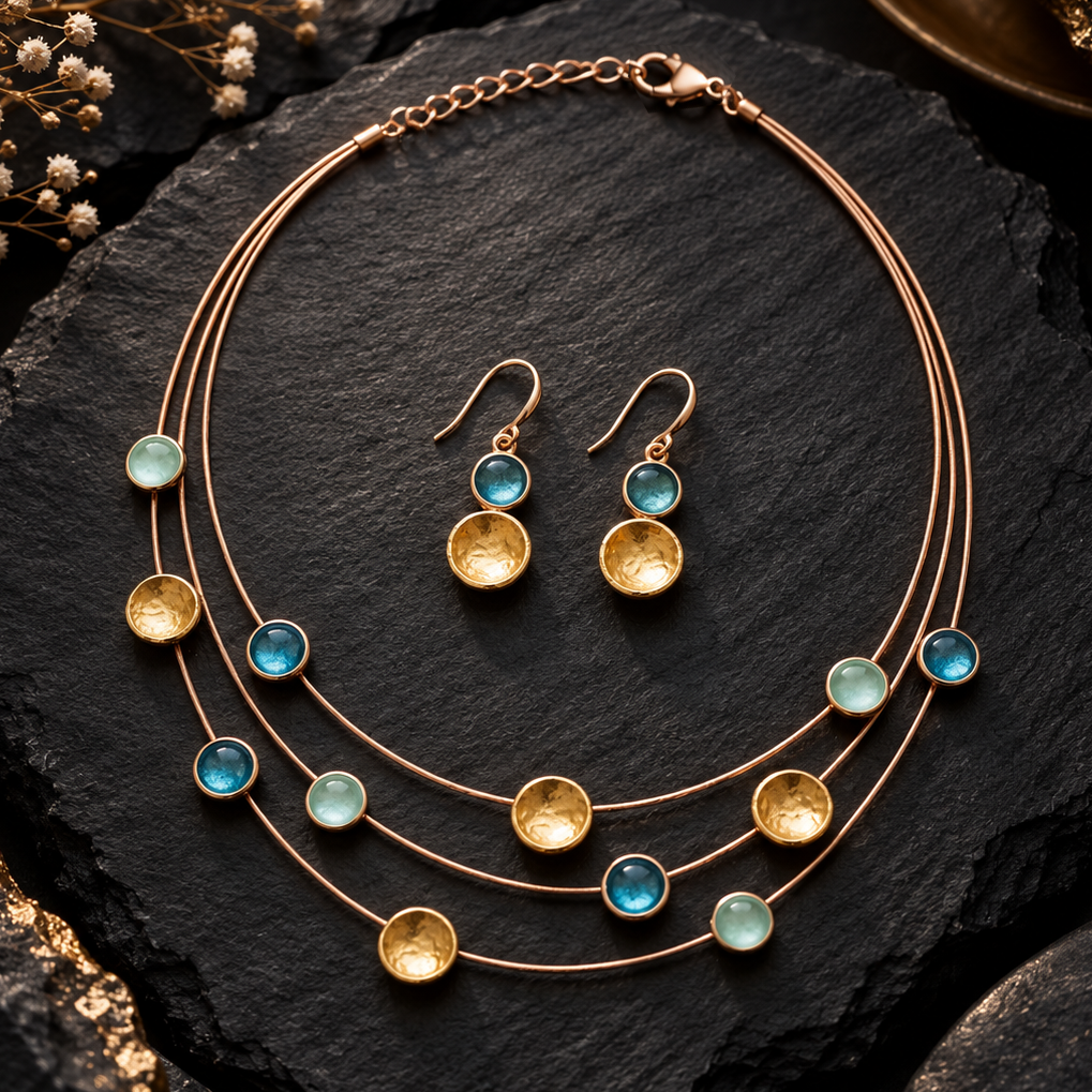 Boho floating circles necklace and matching earrings in Sea Glass Glow colors on dark stone

