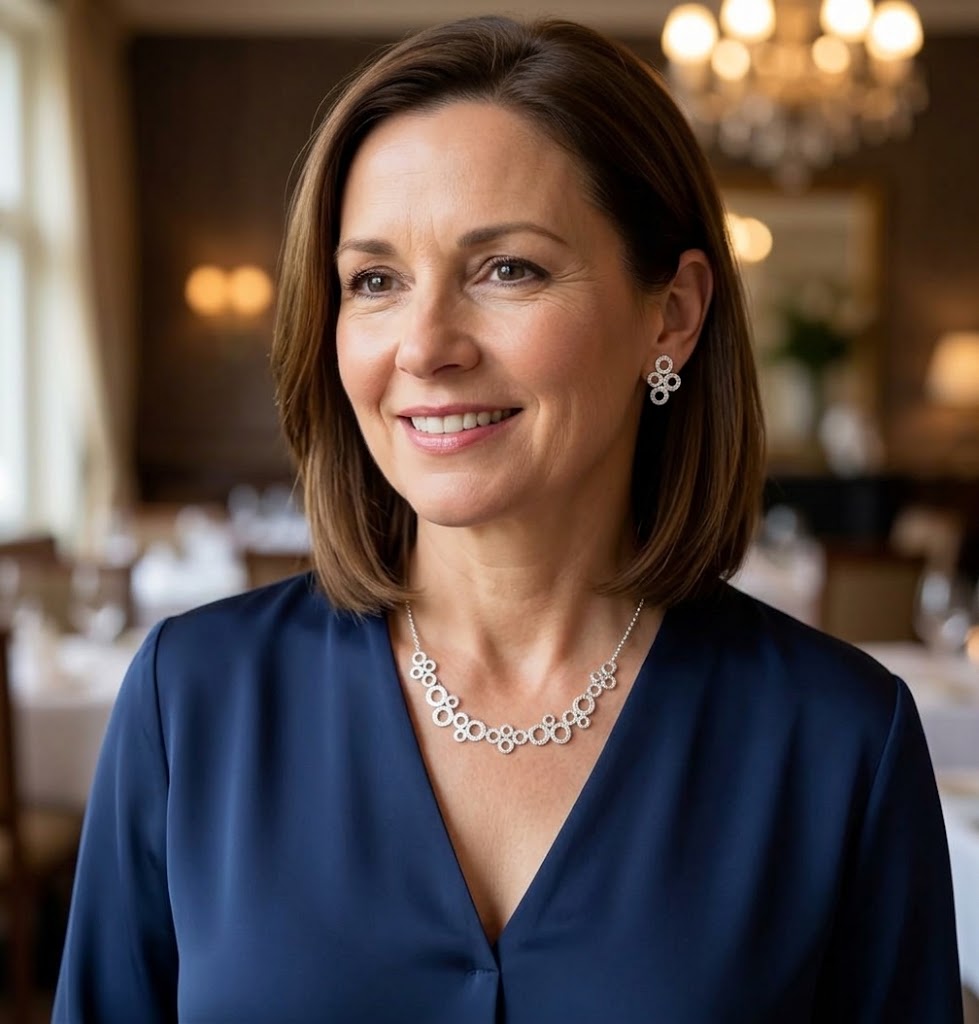 Woman wearing silver connected circles statement necklace with matching earrings


