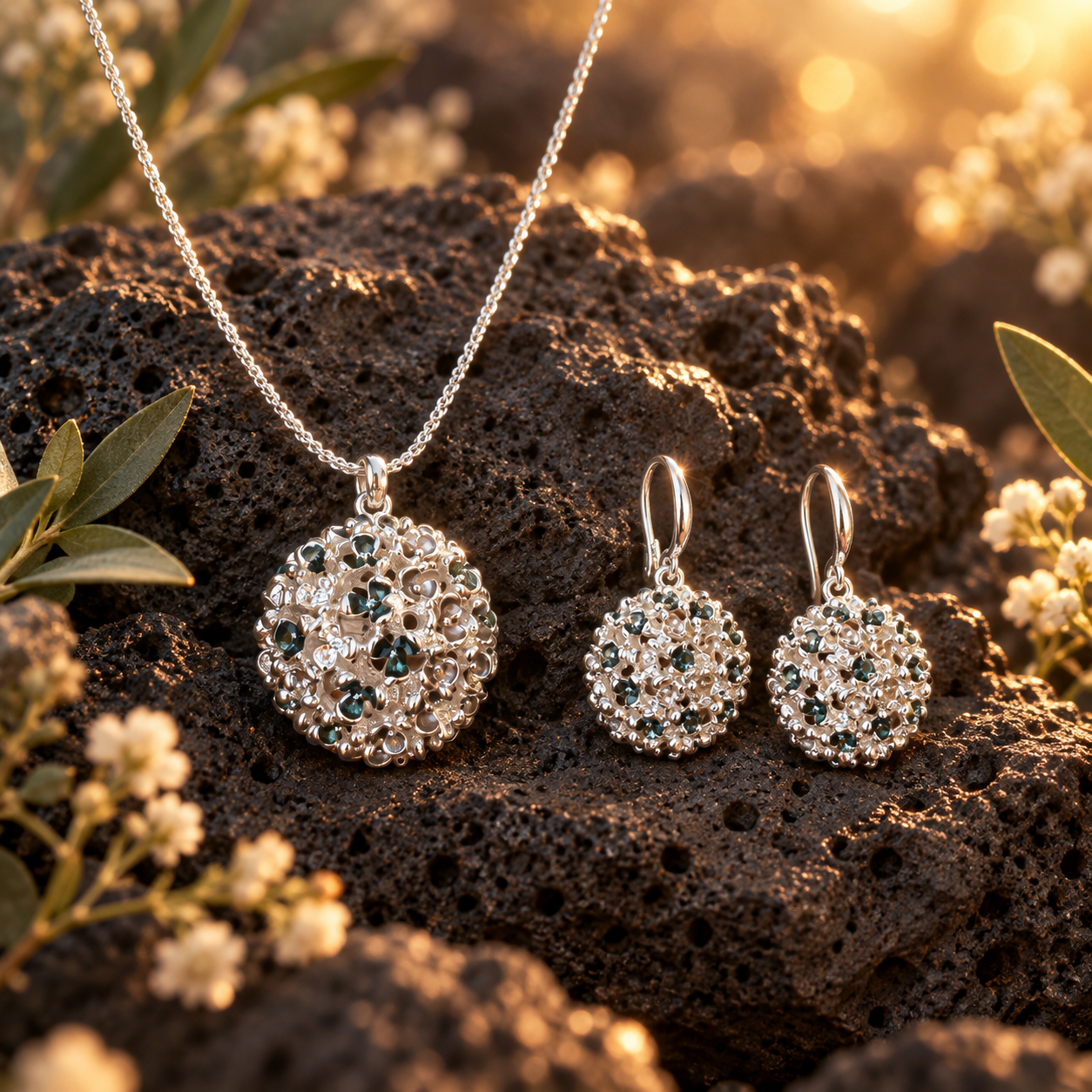 Constellation Orb necklace and matching drop earrings with silver tone openwork design and aqua sparkling accents on dark stone

