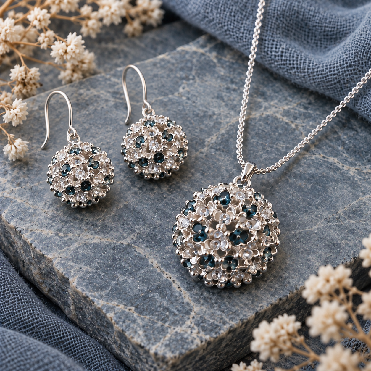 Constellation Orb necklace and matching earrings with silver tone sculptural clusters displayed on gray stone

