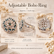 Constellation Orb adjustable ring size and design chart with front side and underside views

