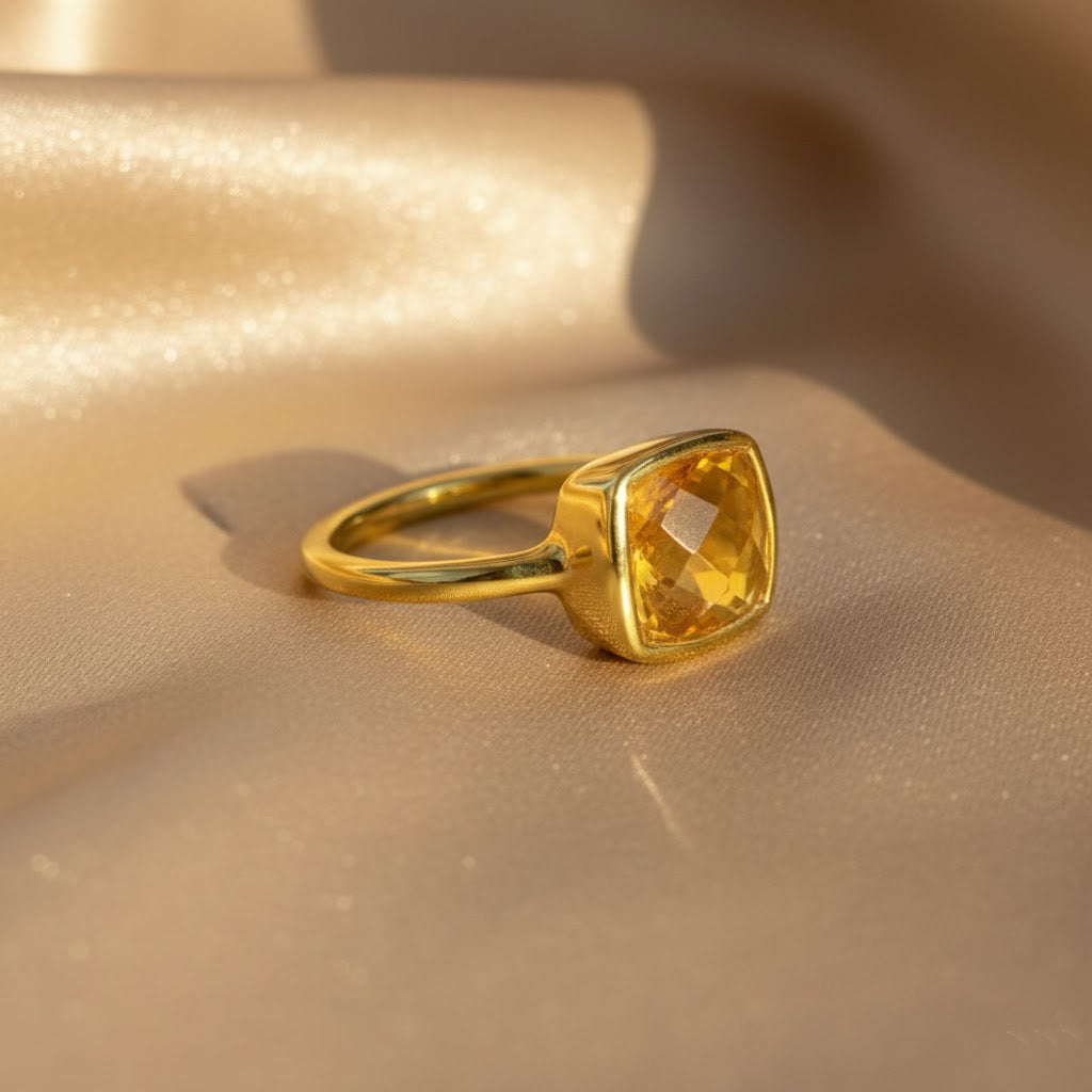 Faceted cushion citrine ring in warm gold setting, November birthstone ring handcrafted in gold vermeil, minimalist yellow gemstone jewelry gift for women.