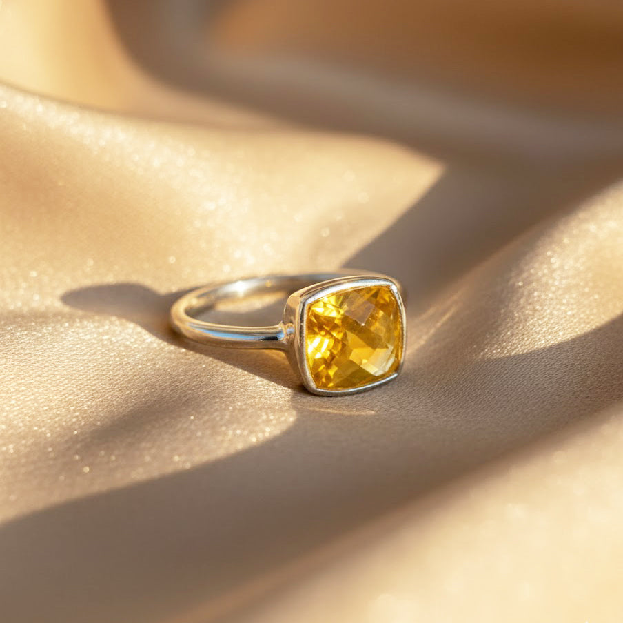 Cushion-cut citrine gemstone ring in 18K gold vermeil, square-shaped faceted stone with warm yellow hue, handcrafted November birthstone jewelry for her.