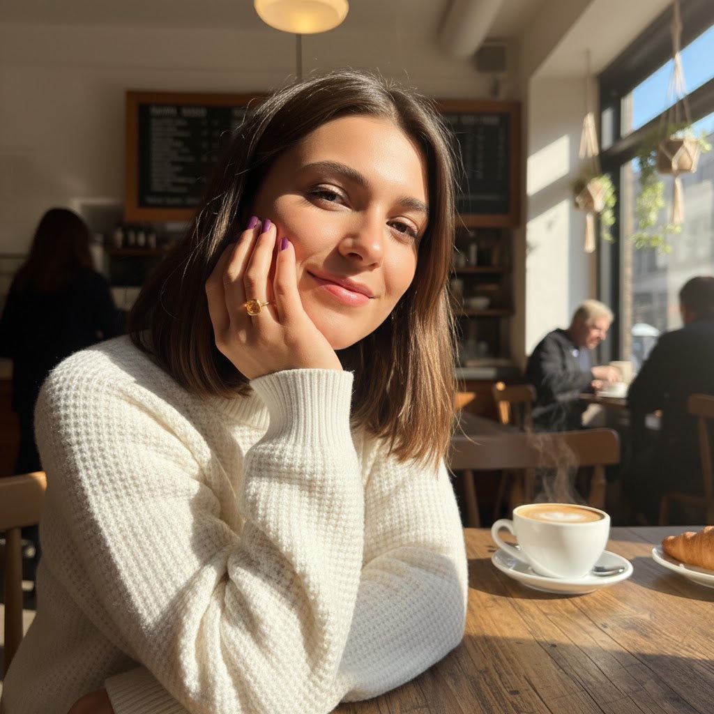 Smiling woman wearing gold citrine gemstone ring at café, elegant cushion-cut yellow birthstone jewelry, November gift idea handcrafted in 18K gold vermeil.