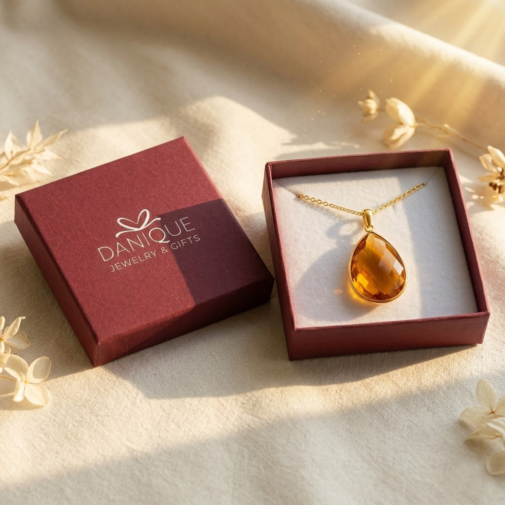 citrine pendant necklace gold yellow gemstone in Danique Jewelry box is a gift for her