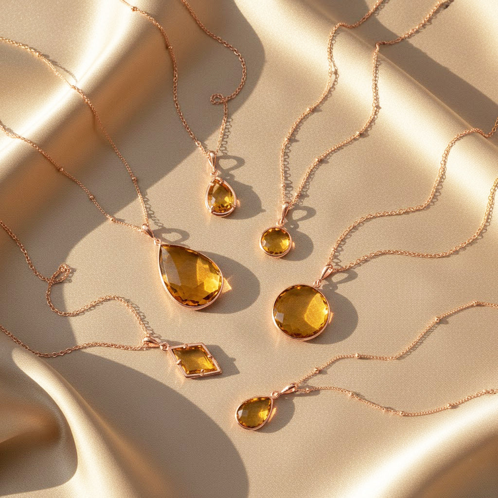 Citrine birthstone Rose Gold necklace collection on satin display, faceted golden-yellow gemstones in teardrop and round pendants, gold and silver chain options, November birthday gift jewelry.