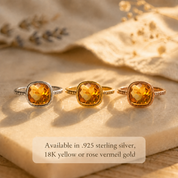 Citrine pavé cushion rings in sterling silver, yellow gold and rose gold finishes