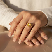 Cushion-cut citrine ring in 18K gold vermeil, faceted yellow gemstone set in modern bezel setting, November birthstone jewelry handcrafted for women, elegant minimalist gold ring
