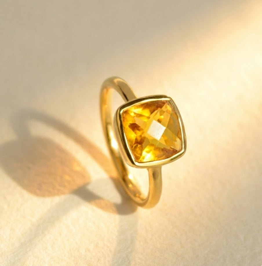 One gold filled citrine gemstone 9mm ring. November birthstone on white background. Great gift for mom, her birthday, christmas or any holiday