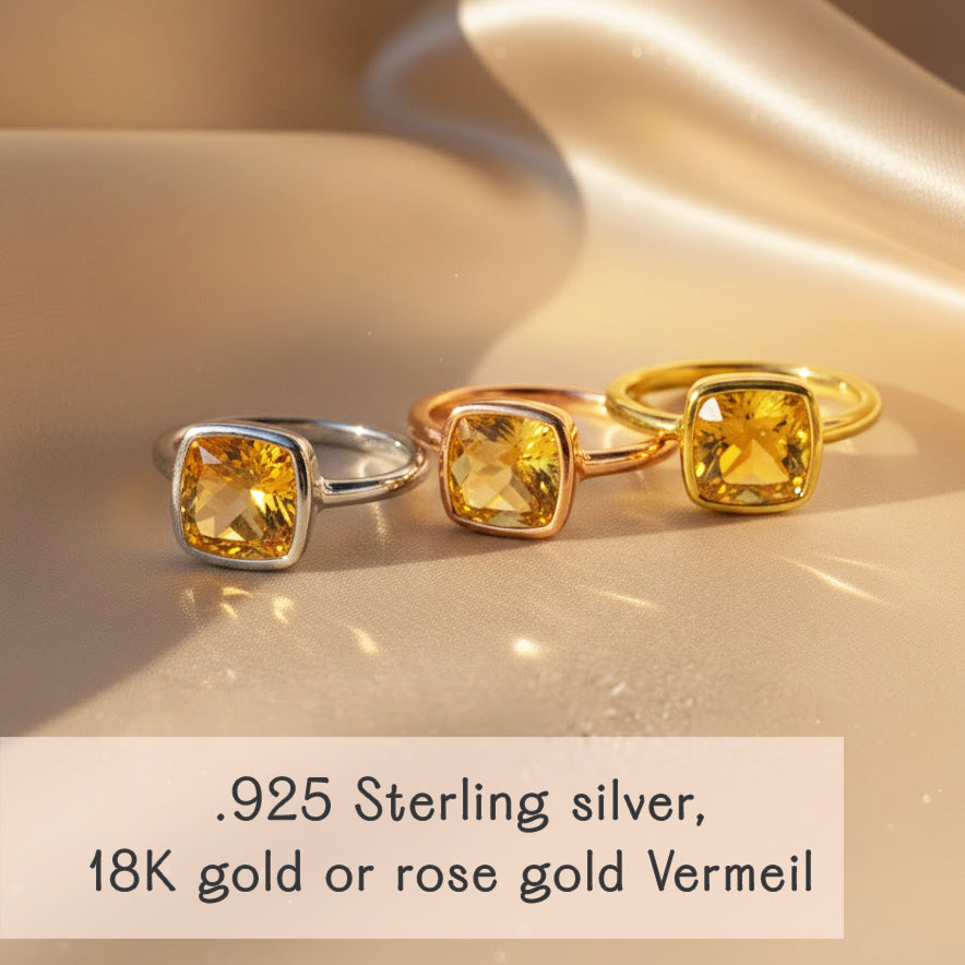 Pair of cushion citrine gemstone rings in rose or yellow gold and silver, minimalist birthstone rings with faceted square gemstones, November citrine jewelry handmade in 925 sterling silver or 18K vermeil.