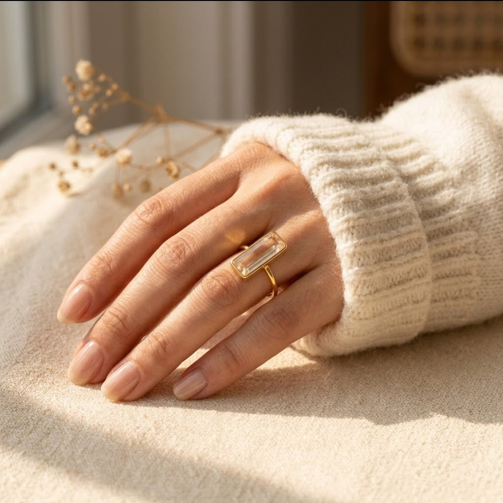 Model wearing colorful bar rings including clear quartz, stacking gemstone ring set
